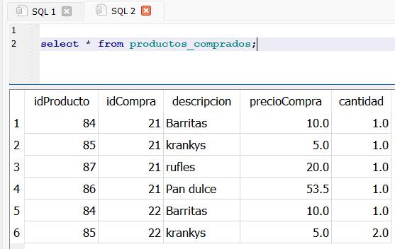 Tabla de productos comprados para mostrar como JSON