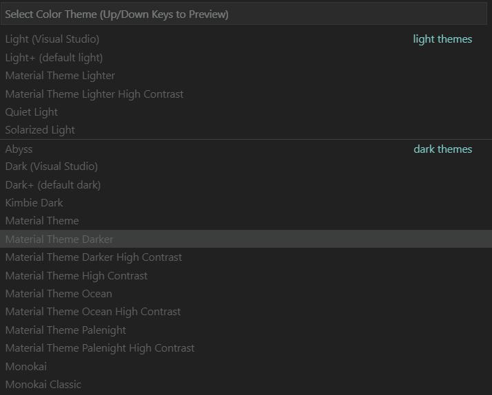 Lista de temas instalados en Visual Studio Code