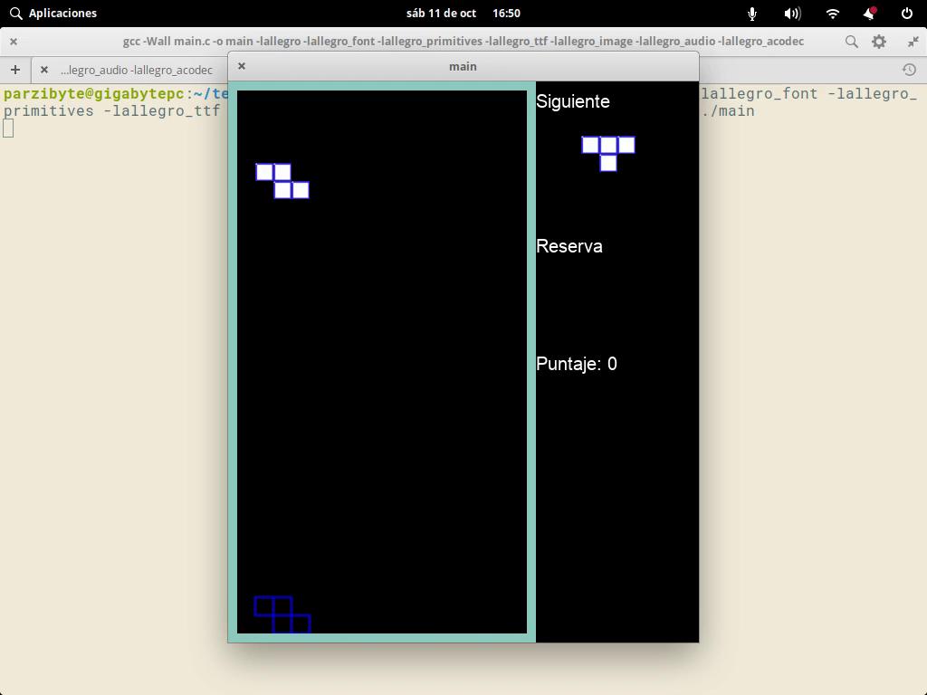Jugando Tetris en Linux. En el fondo está la terminal con la que se compiló el juego en lenguaje C con Allegro 5 y en el frente se ve el juego de Tetris que muestra reserva, tetrimino siguiente y puntaje
