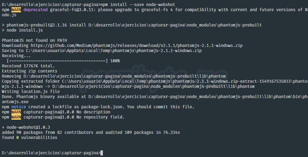 Instalar node-webshot para tomar screenshot de página web