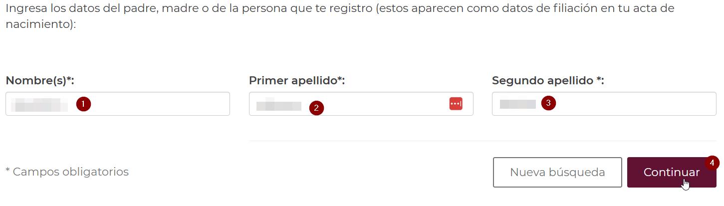 Acta de nacimiento - Datos del padre, madre o tutor