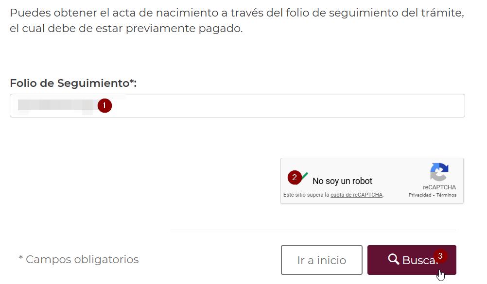 Folio de seguimiento para estado de pago de Acta de nacimiento