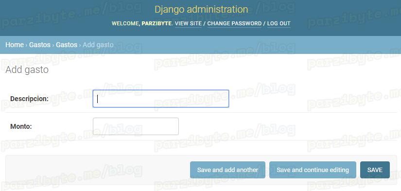 Formulario para agregar gasto en Django admin