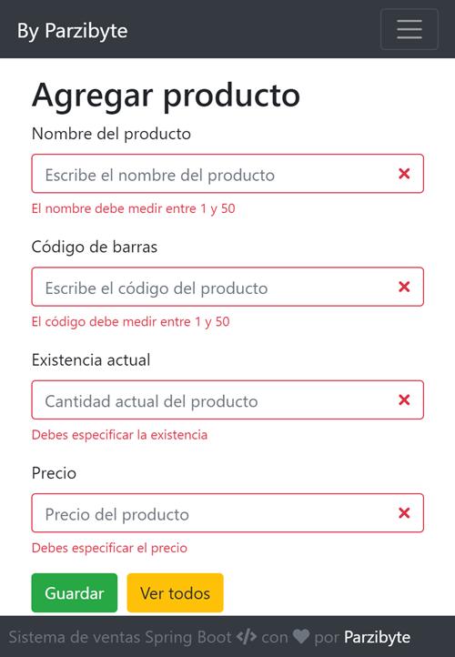 Ejemplo de validación de un formulario con Spring Boot usando Bootstrap 4