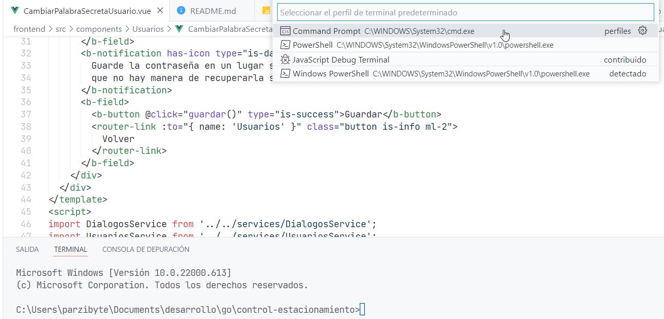 Cambiar terminal predeterminada en Visual Studio Code - Elegir CMD command prompt