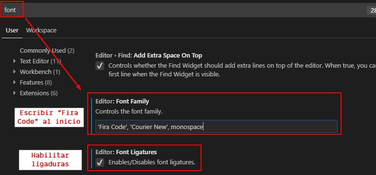 Habilitar font ligatures y seleccionar Fira Code