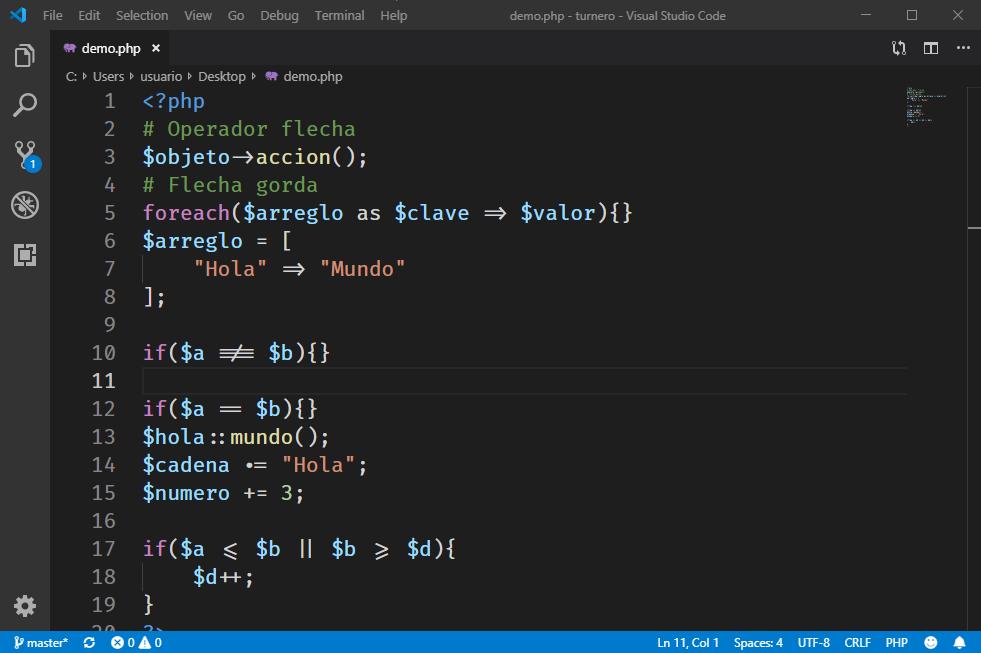 Visual Studio Code con Fira Code y ligaduras de fuentes