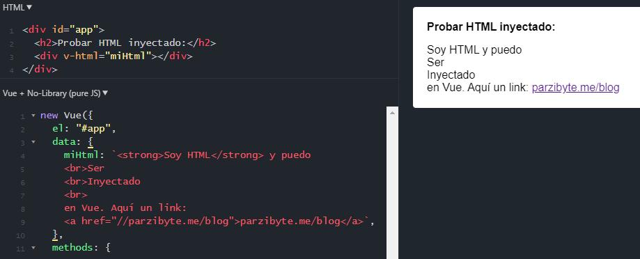 Mostrar HTML en Vue usando v-html