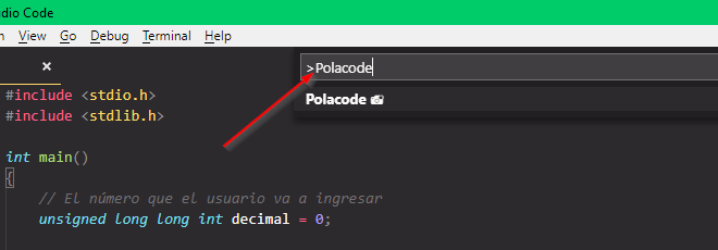 Seleccionar opción de Polacode en editor