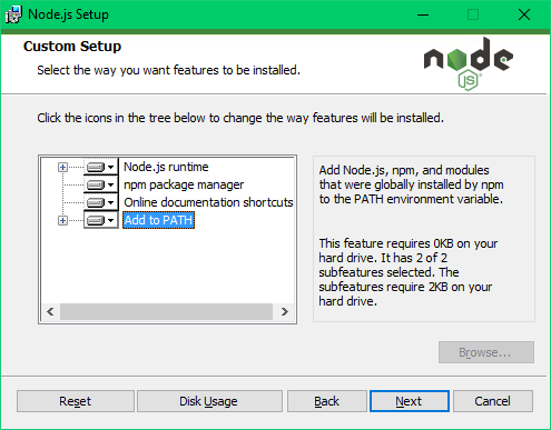 Seleccionar componentes como NPM y agregar node a la variable PATH