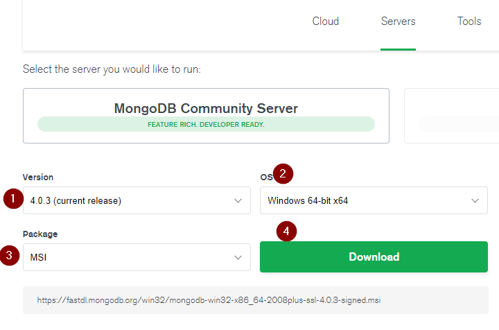 Descargar paquete MSI de MongoDB para instalarlo en Windows 10