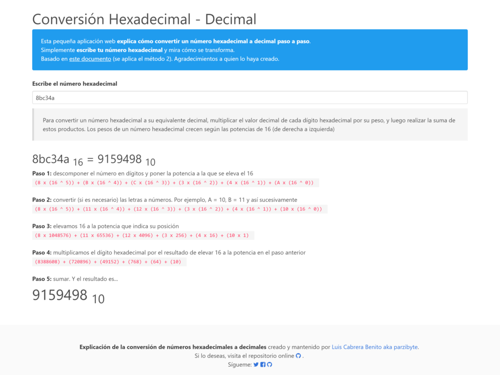 App que explica la conversión hexadecimal a decimal