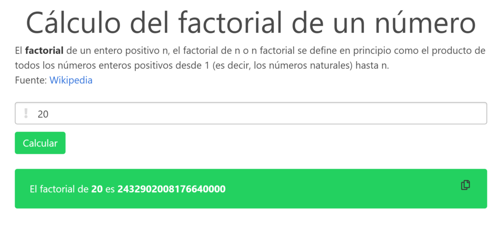 Cálculo del factorial de un número en JavaScript. Aplicación web online