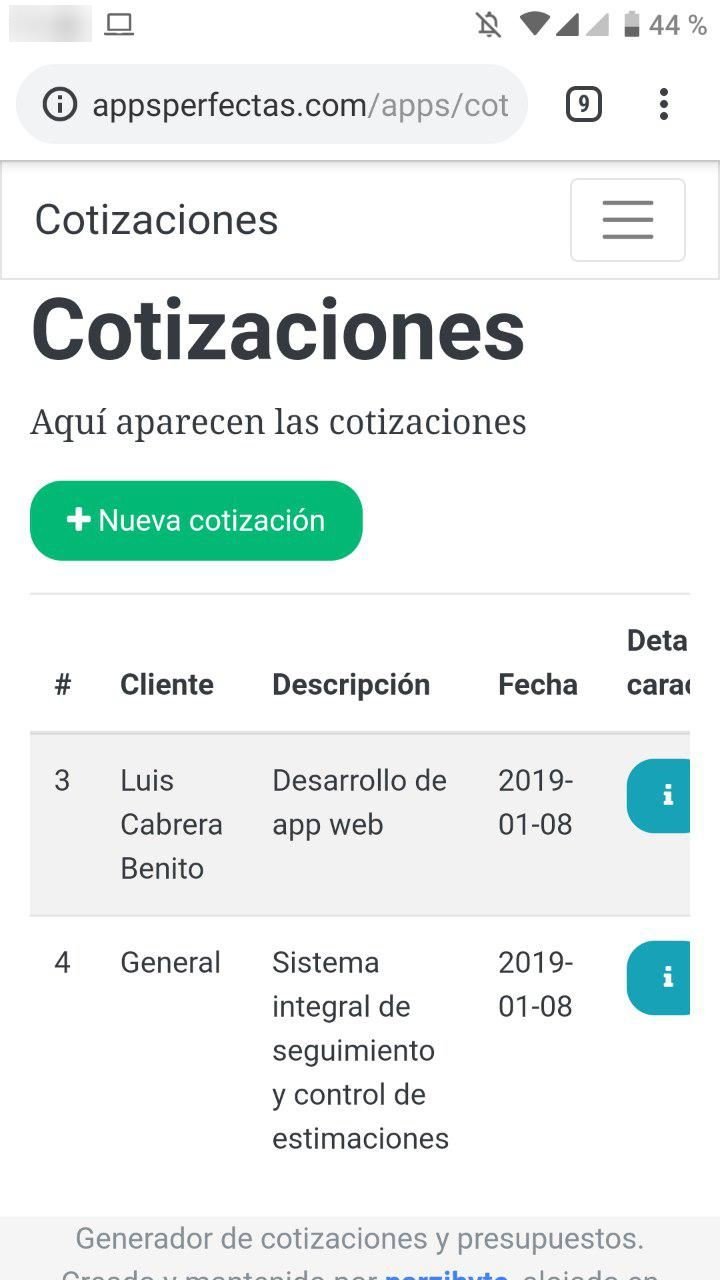 App web para cotizaciones, presupuestos y costos en un teléfono Android