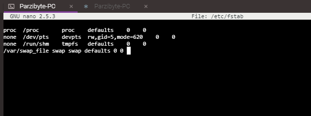 Editando el archivo fstab para agregar fichero swap en Linux