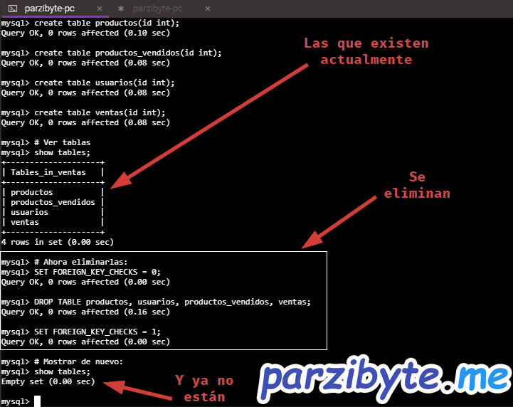 Sociable historia Bisagra Eliminar todas las tablas de una base de datos de MySQL - Parzibyte's blog