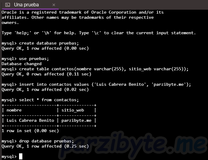 Paso 7 - Probar instalación de MySQL creando bases de datos y tablas