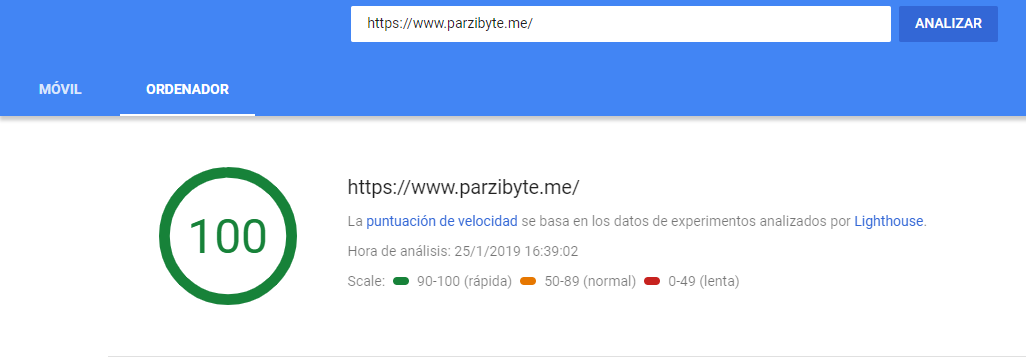 Puntuación ordenador de parzibyte en PageSpeed Insights