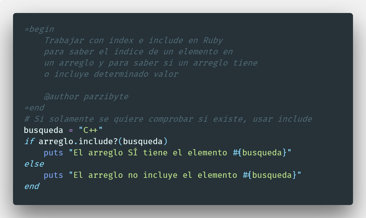 Ver si elemento existe en arreglo de Ruby o buscar su índice usando index e include
