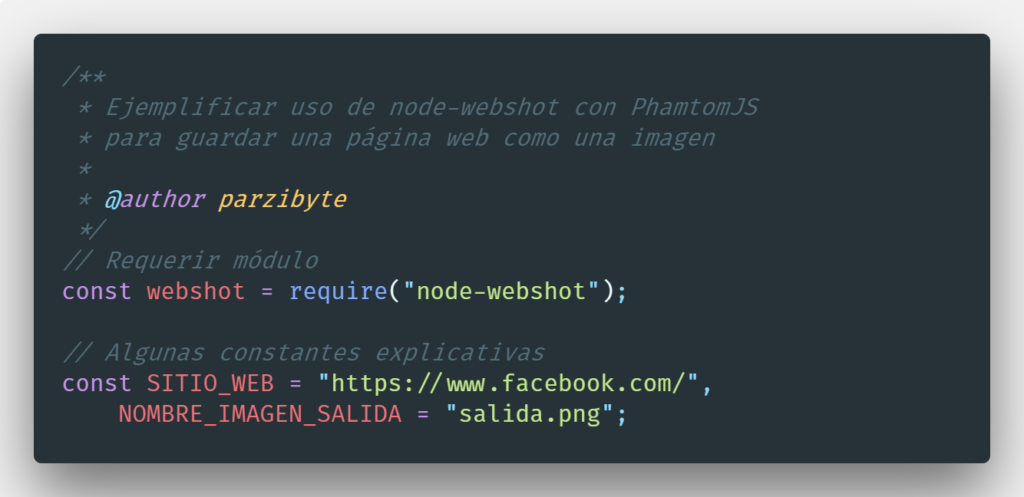 Código para guardar página web como imagen usando Node JS
