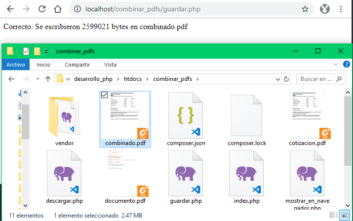 Guardar PDF combinado con PHP
