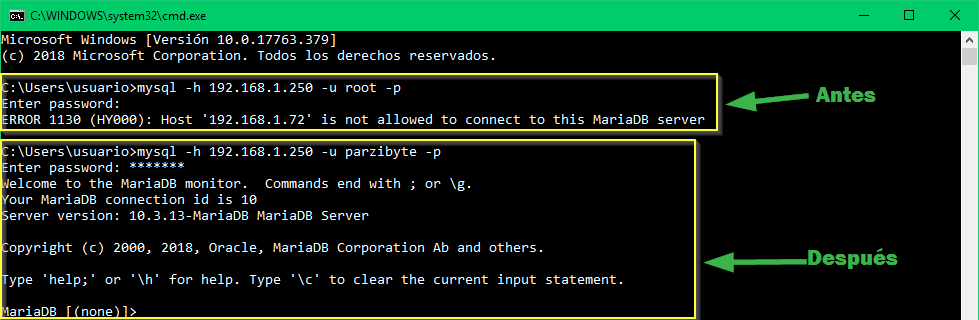 MySQL - MariaDB - Solución a host is not allowed to connect to this MariaDB server