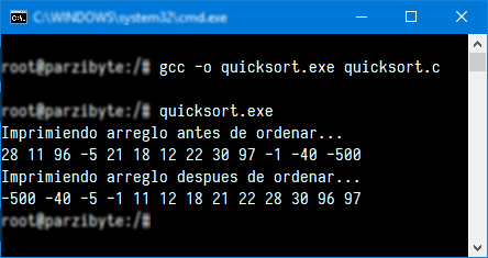 Ejecución de Quicksort en C