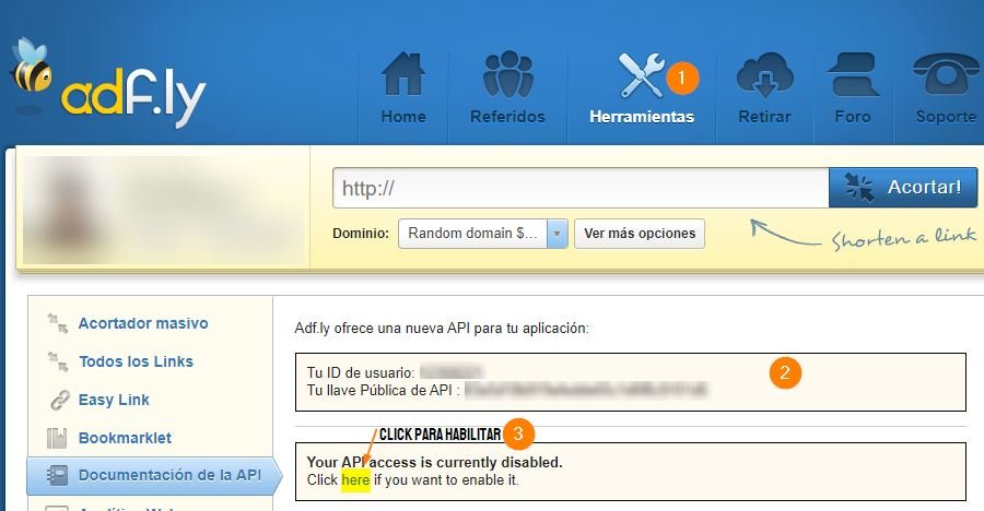 Habilitar API de adf.ly