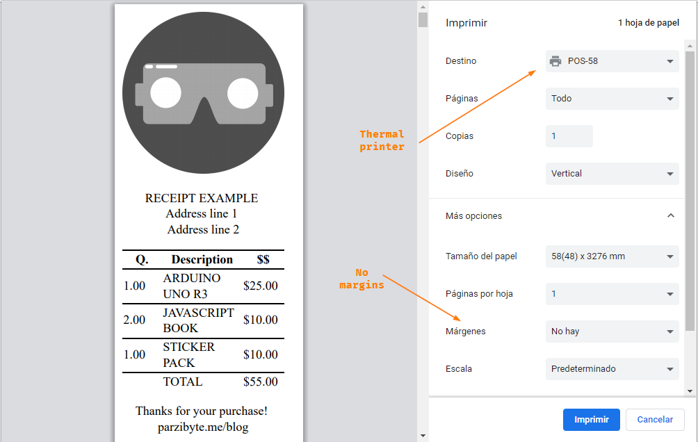 Preview to print receipt in thermal printer using JS CSS and HTML