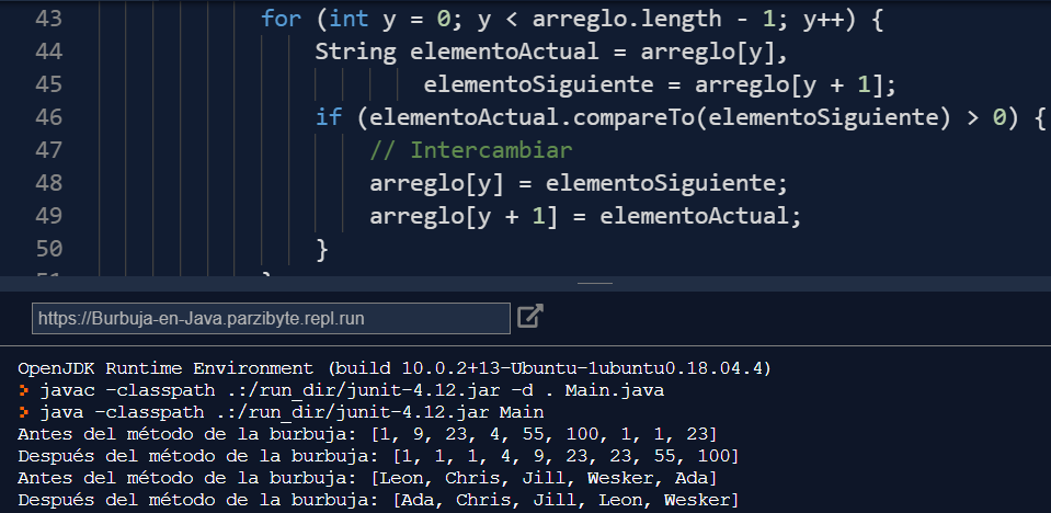 Ordenamiento de burbuja en Java - Ejecución del código
