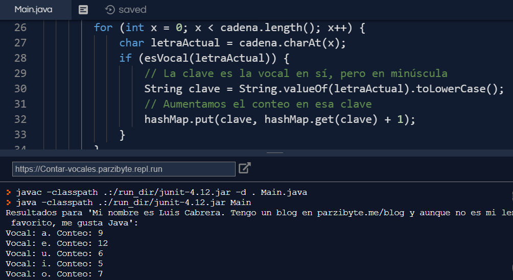 Contar vocales de cadena en Java - Ejecución del código