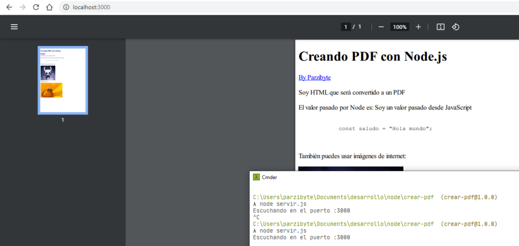 Crear PDF con Node.js y mostrarlo en navegador con Express