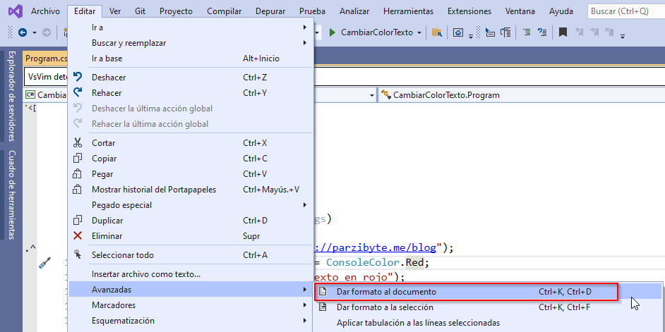Dar formato al documento - Ordenar código con Visual Studio 2019