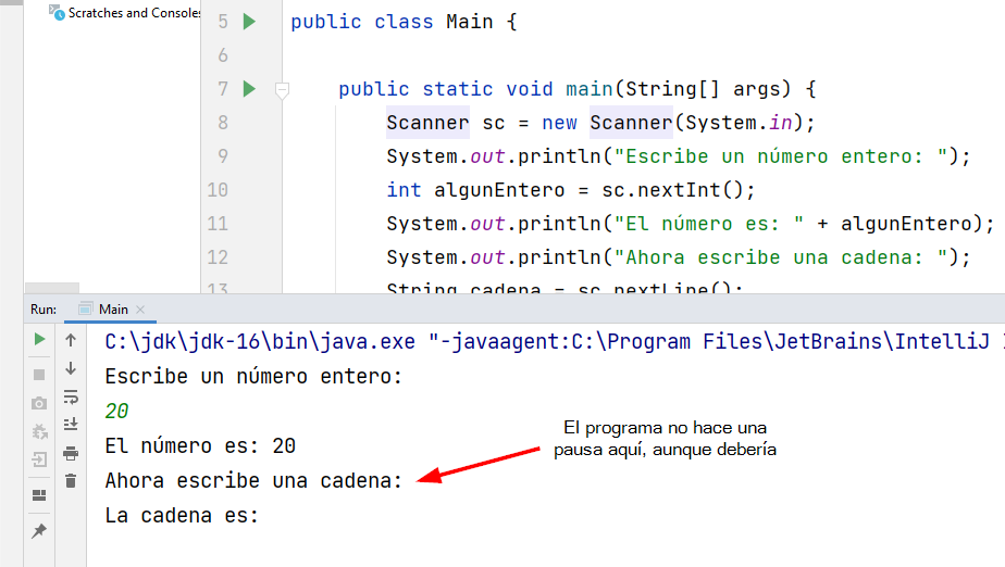 Java Scanner no hace pausa para introducir datos con nextLine