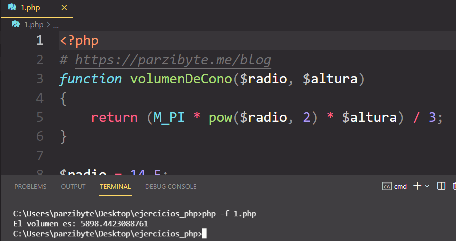 Volumen de un cono con PHP