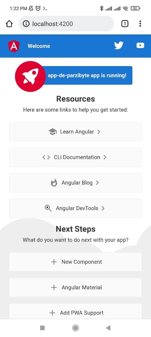 App web de Angular corriendo en el navegador de Android
