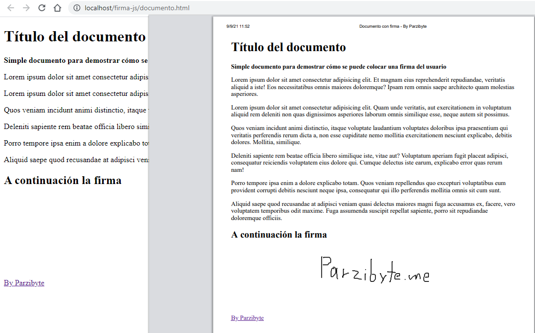 Documento con firma de usuario con JavaScript - Imprimir o guardar como PDF