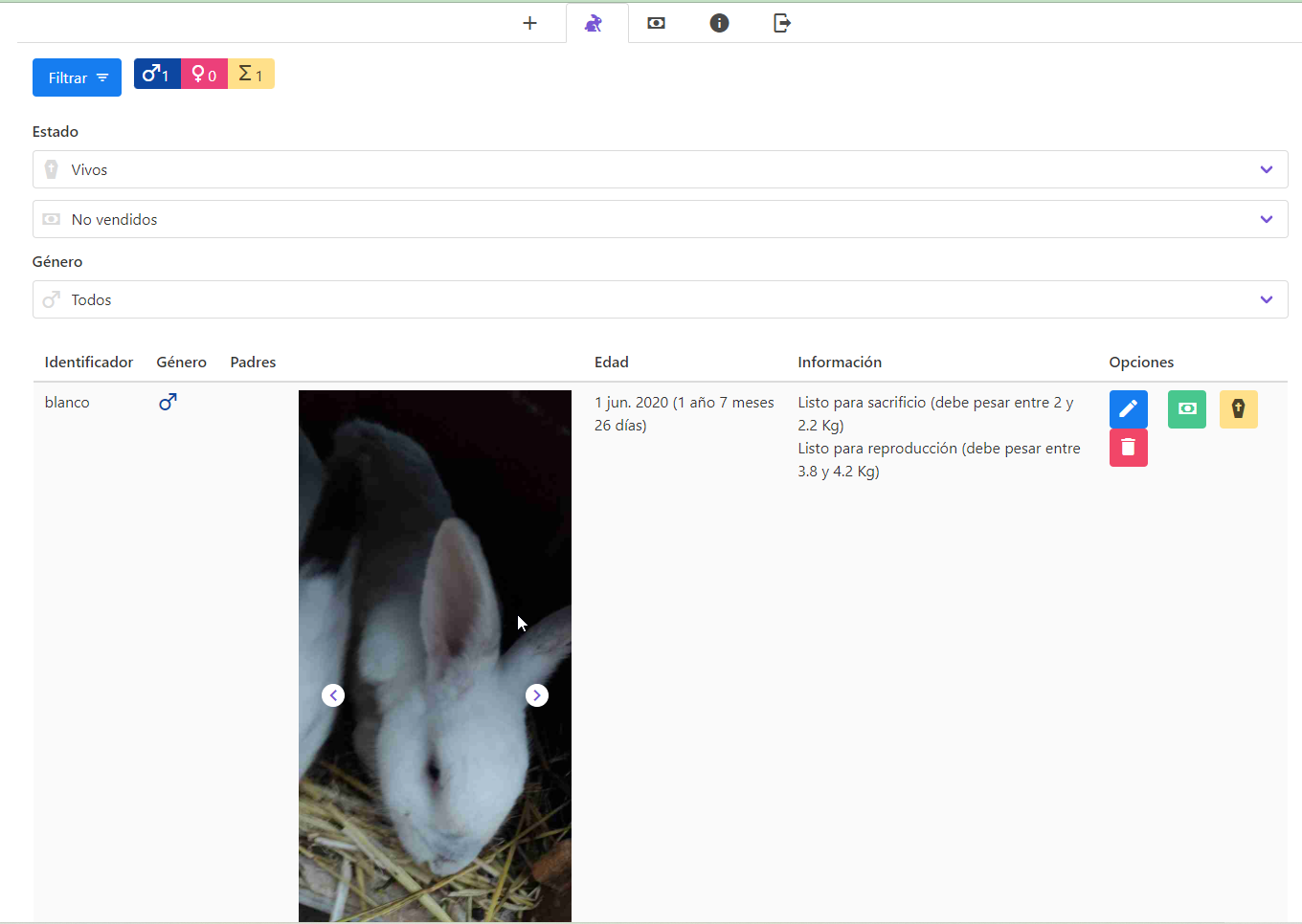 Listado de conejos - Mostrar fotos, información y filtrar
