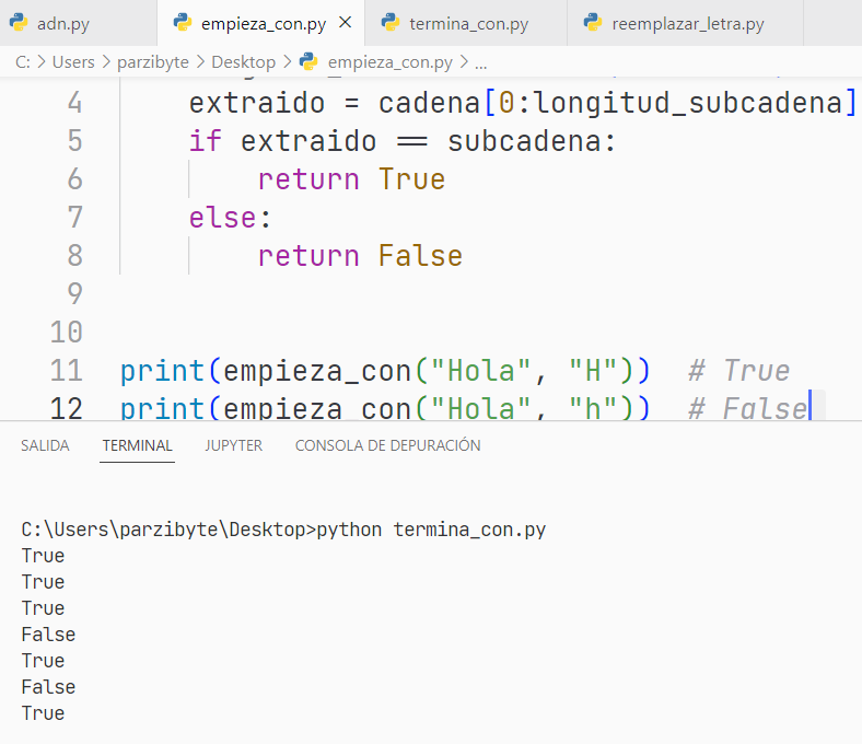 Programación en Python - Saber si cadena empieza o termina con letra, subcadena o cadena