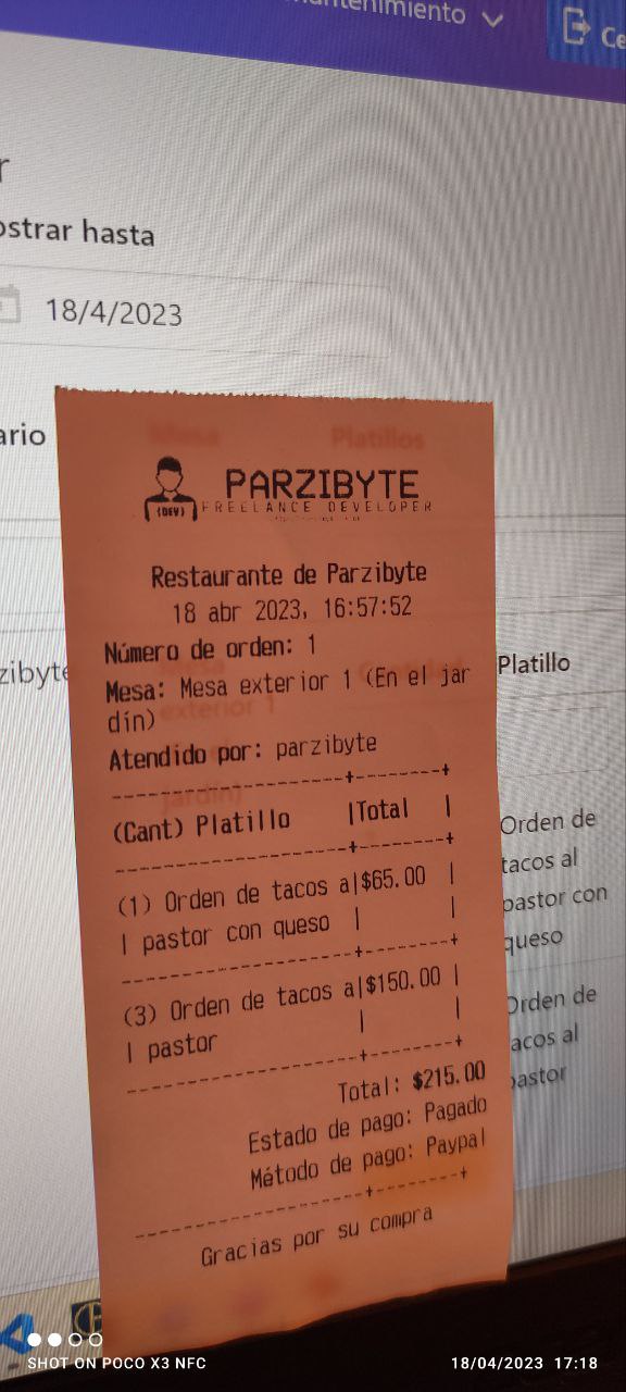 Ticket con detalle de pedido impreso con impresora térmica usando programa para administrar un restaurante