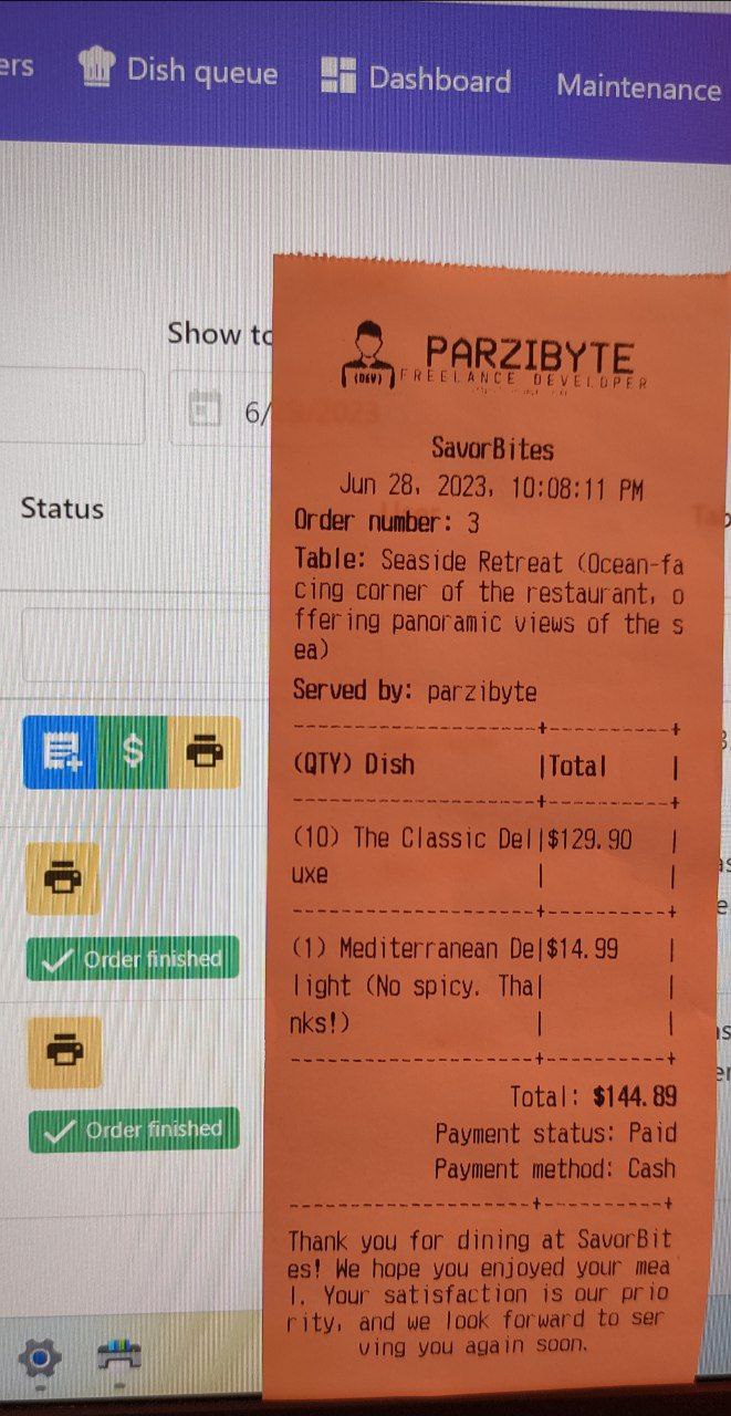 Order Detail Ticket Printed with Thermal Printer Using Restaurant Management Software