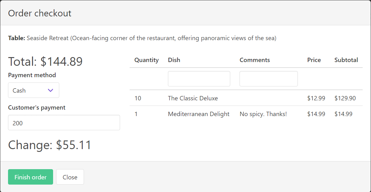 Processing Payment for an Order - Web App for Restaurants