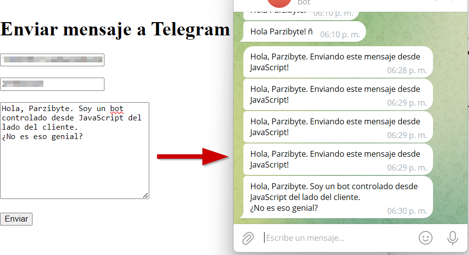 JavaScript lado del cliente - Enviar mensaje a usuario de Telegram como bot